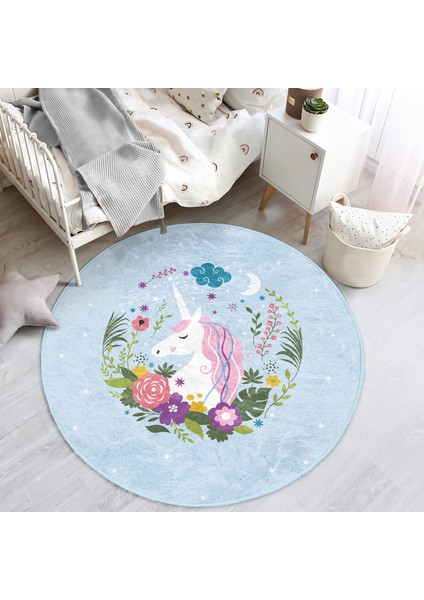 Mavi Zeminde Unicorn At Desenli Çocuk & Genç Odası Makinede Yıkanabilir Kaymaz Tabanlı Yuvarlak Çocuk Halısı