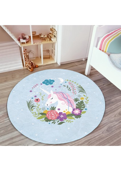 Mavi Zeminde Unicorn At Desenli Çocuk & Genç Odası Makinede Yıkanabilir Kaymaz Tabanlı Yuvarlak Çocuk Halısı
