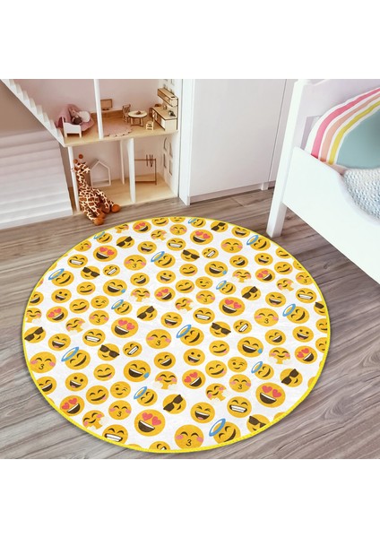 Emoji Çocuk & Genç Odası Makinede Yıkanabilir Kaymaz Tabanlı Yuvarlak Çocuk Halısı