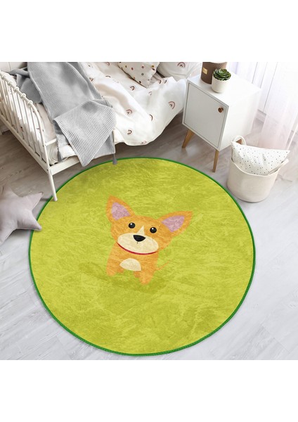 Köpek Desenli Çocuk & Genç Odası Makinede Yıkanabilir Kaymaz Tabanlı Yuvarlak Çocuk Halısı