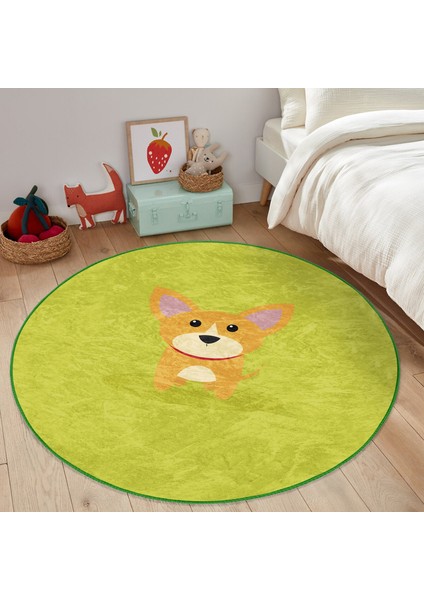 Köpek Desenli Çocuk & Genç Odası Makinede Yıkanabilir Kaymaz Tabanlı Yuvarlak Çocuk Halısı
