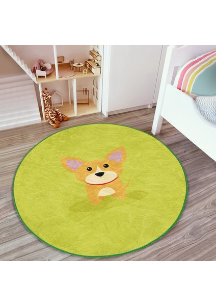 Köpek Desenli Çocuk & Genç Odası Makinede Yıkanabilir Kaymaz Tabanlı Yuvarlak Çocuk Halısı