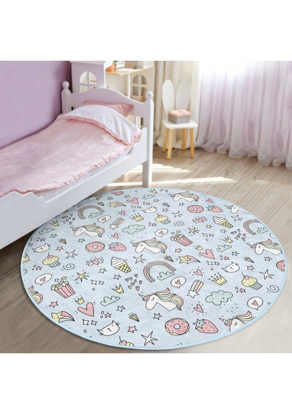 Donut Dondurma ve Unicorn Desenli Çocuk & Genç Odası Makinede Yıkanabilir Kaymaz Tabanlı Yuvarlak Çocuk Halısı