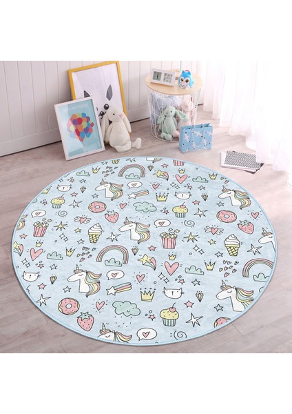 Donut Dondurma ve Unicorn Desenli Çocuk & Genç Odası Makinede Yıkanabilir Kaymaz Tabanlı Yuvarlak Çocuk Halısı