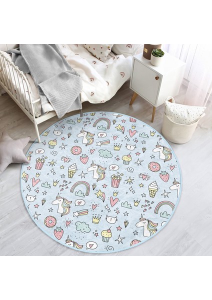 Donut Dondurma ve Unicorn Desenli Çocuk & Genç Odası Makinede Yıkanabilir Kaymaz Tabanlı Yuvarlak Çocuk Halısı