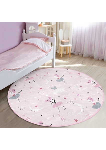 Pembe Zeminde Balerin Desenli Çocuk & Genç Odası Makinede Yıkanabilir Kaymaz Tabanlı Yuvarlak Çocuk Halısı