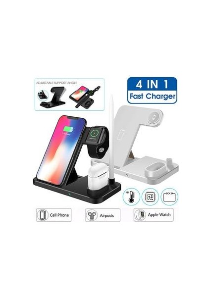 4 In 1 Qi Hızlı Kablosuz Şarj Dock Standı Standı Apple Izle Airpods iPhone Kalem Kulaklık Telefon | Telefon Tutucular ve standları (Siyah)