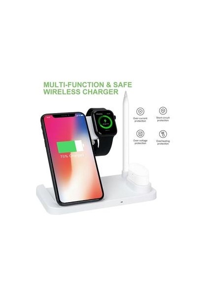 4 In 1 Qi Hızlı Kablosuz Şarj Dock Standı Standı Apple Izle Airpods iPhone Kalem Kulaklık Telefon | Telefon Tutucular ve standları (Siyah)