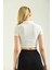 Beyaz Polo Yaka Fitilli Örme Crop Bluz 2