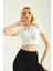 Beyaz Polo Yaka Fitilli Örme Crop Bluz 4