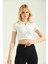 Beyaz Polo Yaka Fitilli Örme Crop Bluz 5