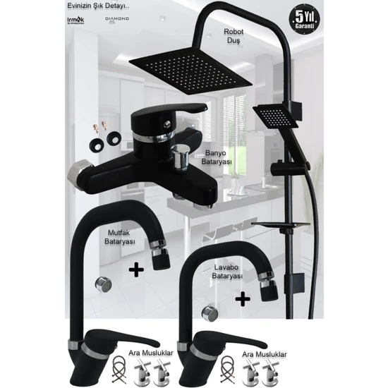 Tesitay Irmak Lavabo Banyo Mutfak Bataryası Diamond Robot Duş Siyah Banyo Seti Armatür Musluk Batarya Duş