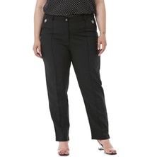 Disentis Modest Büyük Beden Dar Paça Nervür Dikişli Paçası Yırtmaçlı Fermuarlı Siyah Kadın Pantolon