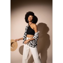 DeFacto Oversize Fit Floral Keten Karışımlı Kısa Kollu Gömlek Y0803AZ22HS