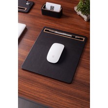 Turgut Office Deri Mousepad Düz Siyah Ahşap Detaylı