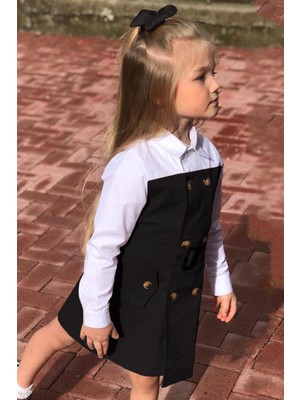 Riccotarz Kız Çocuk New Önü Düğmeli Gömlek Yakalı Tokalı Siyah Elbise