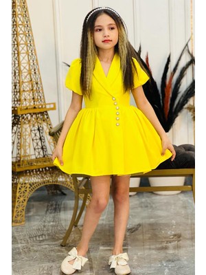 Riccotarz Kız Çocuk Inci Taçlı V Yakalı Kabarık Sarıı Elbise
