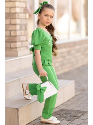 Riccotarz Kız Çocuk Yarım Kollu Belden Bağlamalı ve Düğme Detaylı Çantalı Yeşil Alt Üst Takım