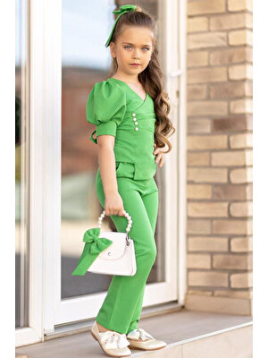 Riccotarz Kız Çocuk Yarım Kollu Belden Bağlamalı ve Düğme Detaylı Çantalı Yeşil Alt Üst Takım