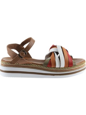 Bueno Shoes Haki Multi Deri Kadın Dolgu Topuklu Sandalet