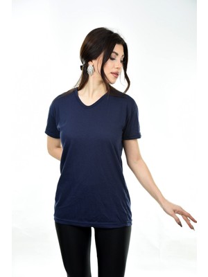 Belifanti Collection  V Yaka Basic Kadın Tişört T-Shirt Lacivert