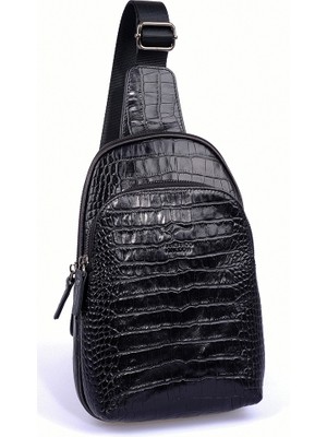 Kangaroo Kıngdom  Deri Kroko Siyah Unisex Body Bag Sırt Çantası 8155-CS