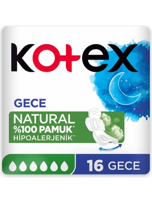 Kotex Natural Gece Ped Hipoalerjenik %100 Pamuk 16 Adet Sızıntı Önleyici Özellik