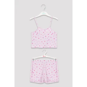 Kız Çocuk Beyaz Askılı Üst ve Pembe Çiçek Desenli Şort Pijama Takımı