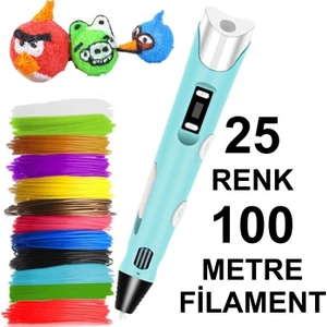 Mavi 3D Kalem Yazıcı+25 Renk 100 Metre (25X4METRE) Pla Filament