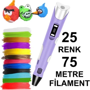 Mor 3D Kalem Yazıcı+25 Renk 75 Metre (25X3METRE) Pla Filament