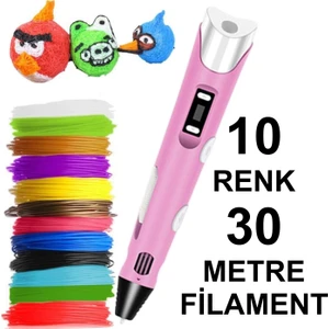 Pembe 3D Kalem Yazıcı+10 Renk 30 Metre (10X3METRE) Pla Filament