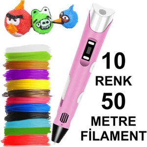 Pembe 3D Kalem Yazıcı+10 Renk 50 Metre (10X5METRE) Pla Filament