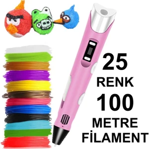 Pembe 3D Kalem Yazıcı+25 Renk 100 Metre (25X4METRE) Pla Filament