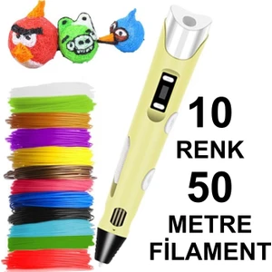 Sarı 3D Kalem Yazıcı+10 Renk 50 Metre (10X5METRE) Pla Filament
