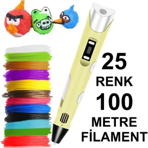 Sarı 3D Kalem Yazıcı+25 Renk 100 Metre (25X4METRE) Pla Filament