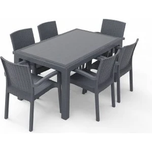 Rattan Masa Takımı 80X140 Camlı Masa 6 Kişilik Sandalye Seti Bahçe Balkon Teras Takımı
