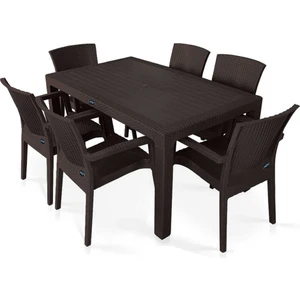 Rattan 90X150CM 6lı Camsız Bahçe Mutfak Masa Takımı Kahve