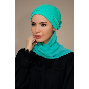 Hürrem Bone Su Yeşili Pratik Hazır Geçmeli Tesettür Bone Sandy Kumaş Örgülü Güllü Şifon Atkılı 1203A_32