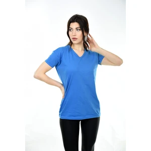 Belifanti Collection  V Yaka Basic Kadın Tişört T-Shirt Saks Mavisi