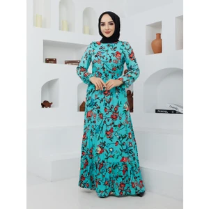 Moda Periy Kadın Modest Basic Pamuklu Viskon Yazlık Düğmeli Çiçek Desenli Uzun Boy Tesettür Elbise