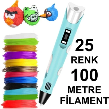 Robobloq Mavi 3D Kalem Yazıcı+25 Renk 100 Metre (25X4METRE) Pla