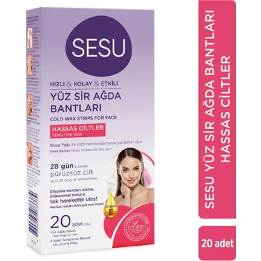 Sesu Yüz İçin 20'li Sir Ağda Bandı - Hassas Ciltler İçin Özel Formül, Kısa Tüylerde Etkili ve