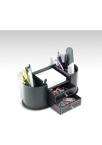 Masaüstü Çekmeceli Kalemlik ve Notluk Organizer Set - Siyah Suni Deri