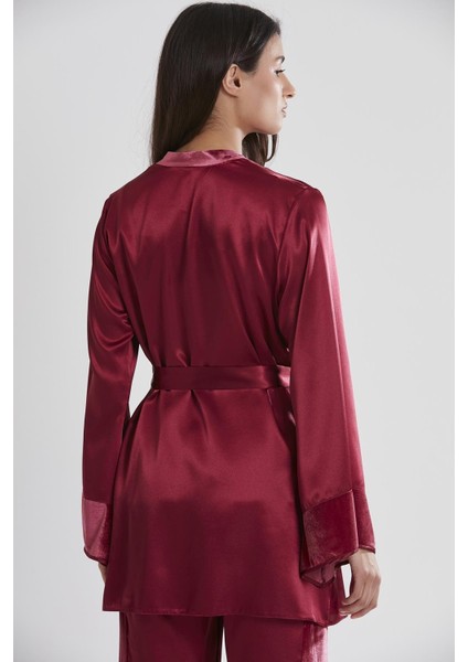 Kadın Kadife Saten 3'lü Pijama Takım 2040 Bordo fırsatları