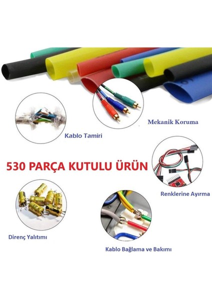 530 Parça Kablo Makaron Seti. Isıya Dayanıklı Kalo Koruyucu Kablo Tamir Borusu Kablo Kanalı