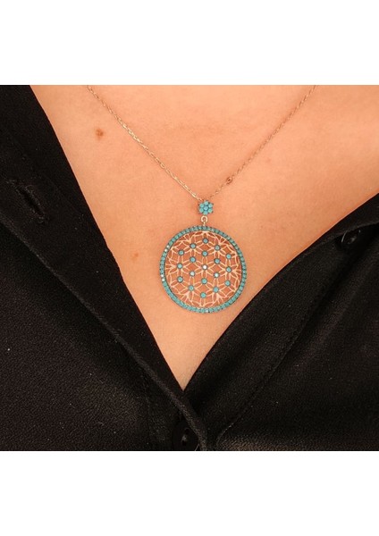 Firüze Taşlı Yaşam Çiçeği Gümüş Rose Kolye modelleri