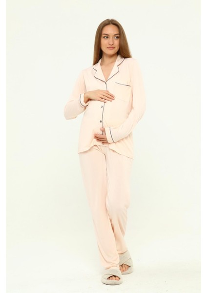 Önden Düğmeli Hamile Lohusa Mevsimlik Uzun Kol Pijama Takımı modelleri