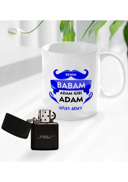 Kişiye Özel Benim Babam Adam Gibi Adam Tasarımlı Kupa Bardak ve Benzinli Çakmak Seti - Model 1