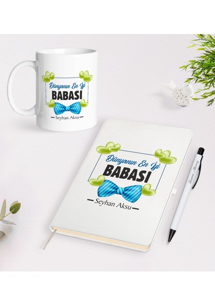 Kişiye Özel Dünyanın En Iyi Babası Tasarımlı Beyaz Defter Kalem Kupa Seti - Model 1