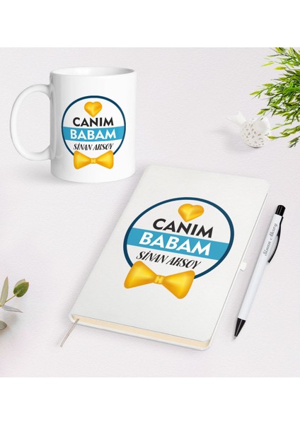 Kişiye Özel Canım Babam Tasarımlı Beyaz Defter Kalem Kupa Seti - Model 1